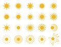 Sun icons. Set of yellow symbols. Spring, summer or tropical background design element